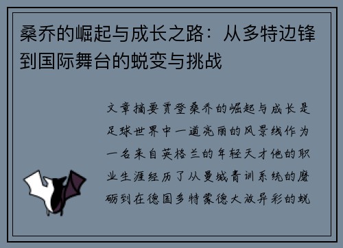 桑乔的崛起与成长之路：从多特边锋到国际舞台的蜕变与挑战