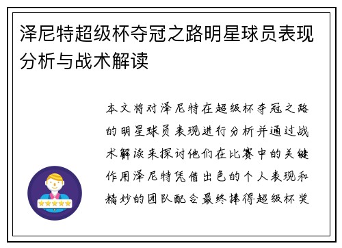 泽尼特超级杯夺冠之路明星球员表现分析与战术解读