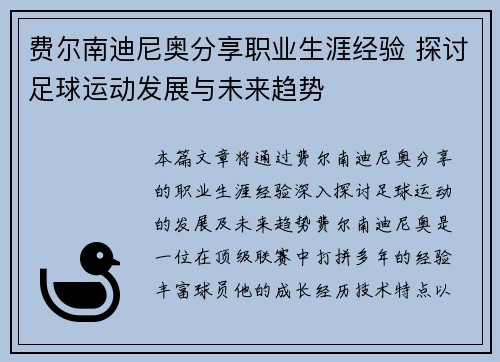 费尔南迪尼奥分享职业生涯经验 探讨足球运动发展与未来趋势
